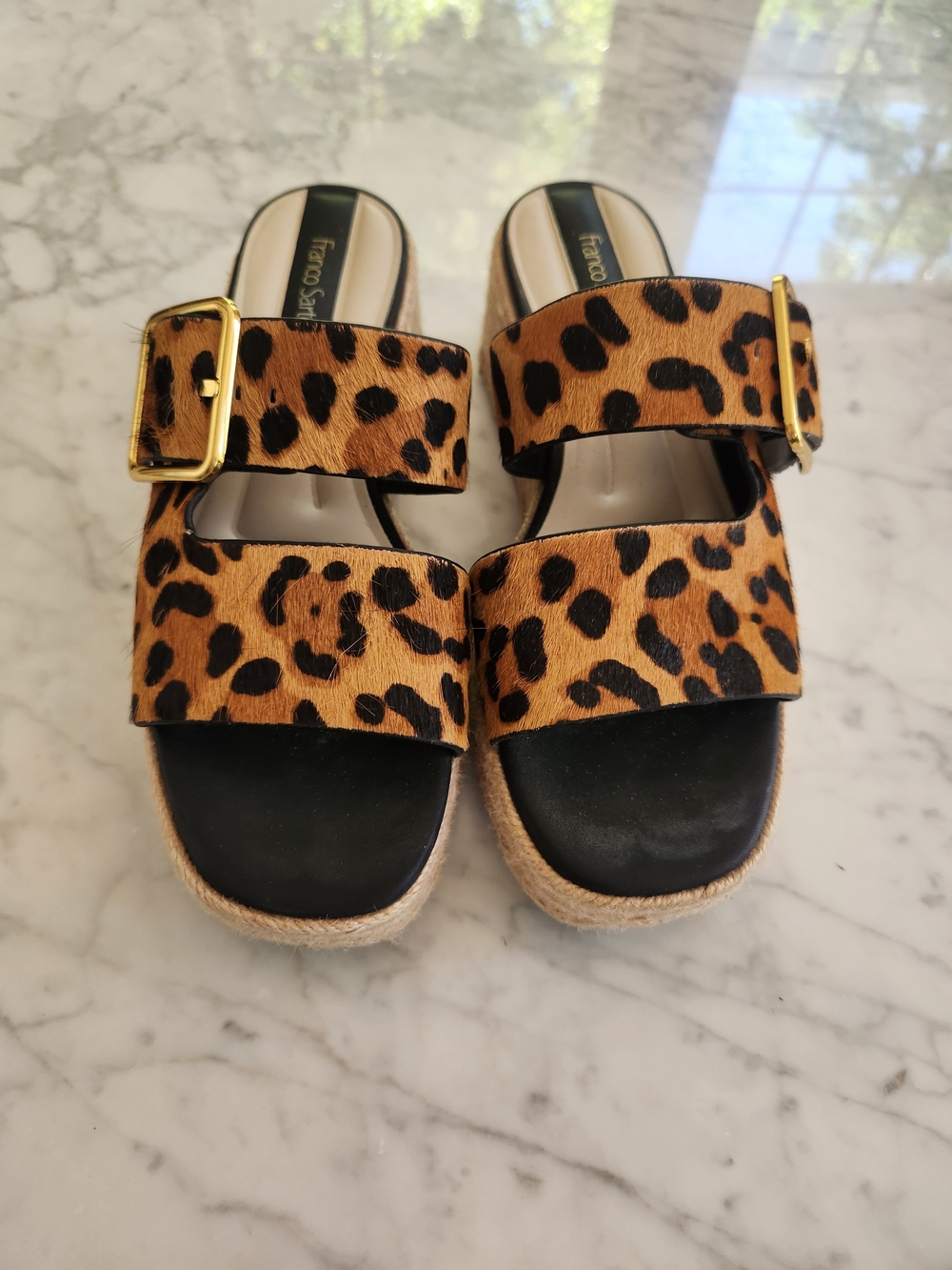 Franco Sarto Leopard Print Slide Sandals with Gold Buckles, LIKE NEW.